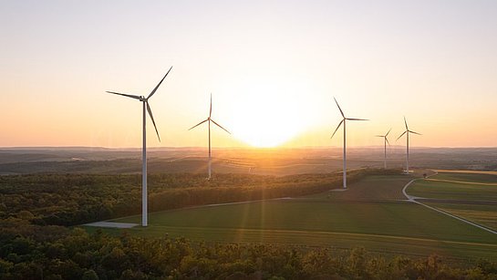 Windkraftanlage in Matzen/Klein-Harras bei Sonnenaufgang